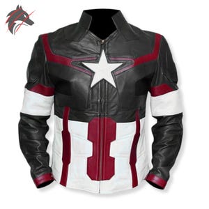 Handgemaakt leren Captain America-jack: leren superhelden-cosplayjack voor heren | Bikerjas patriottische ster op borst | Aangepaste formaten Black