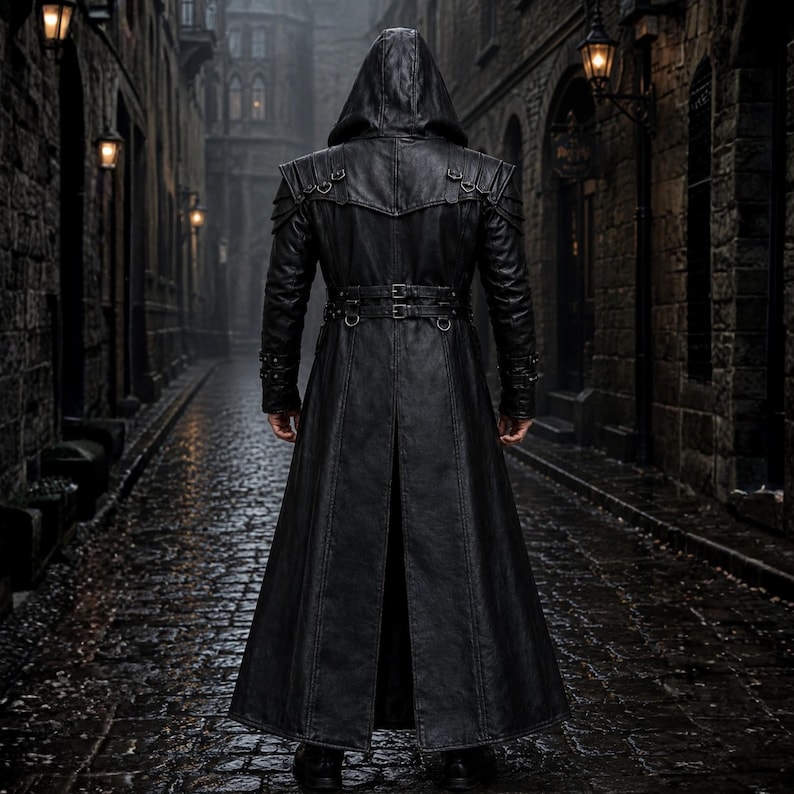 May include: A long, black leather hooded coat with a belted waist and decorative shoulder accents. The coat features a split back and is worn in a cobblestone alleyway.