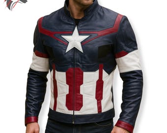 Handmade Captain America Leather Jacket - Men's Superhero Leather Cosplay Jacket | Patriotic Star Chest Biker Coat | Custom Sizes