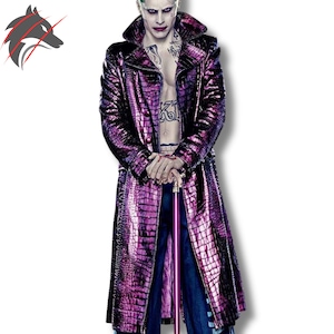 May include: A long, purple, textured coat with a crocodile skin pattern. The coat has a wide collar and is open in the front, revealing a bare chest. The person is holding a purple cane. The person has green hair and tattoos.