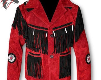 May include: Red suede jacket with black fringe detailing. The jacket features a classic collar, two front pockets, and decorative circular patches on the sleeves. The jacket has a button-up closure and is a bold statement piece.