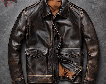Men's Distressed Genuine Leather Jacket | Vintage A2 Brown Leather Bomber Jacket, Air Force Pilot Flight Jacket, Custom Retro Aviator Coat