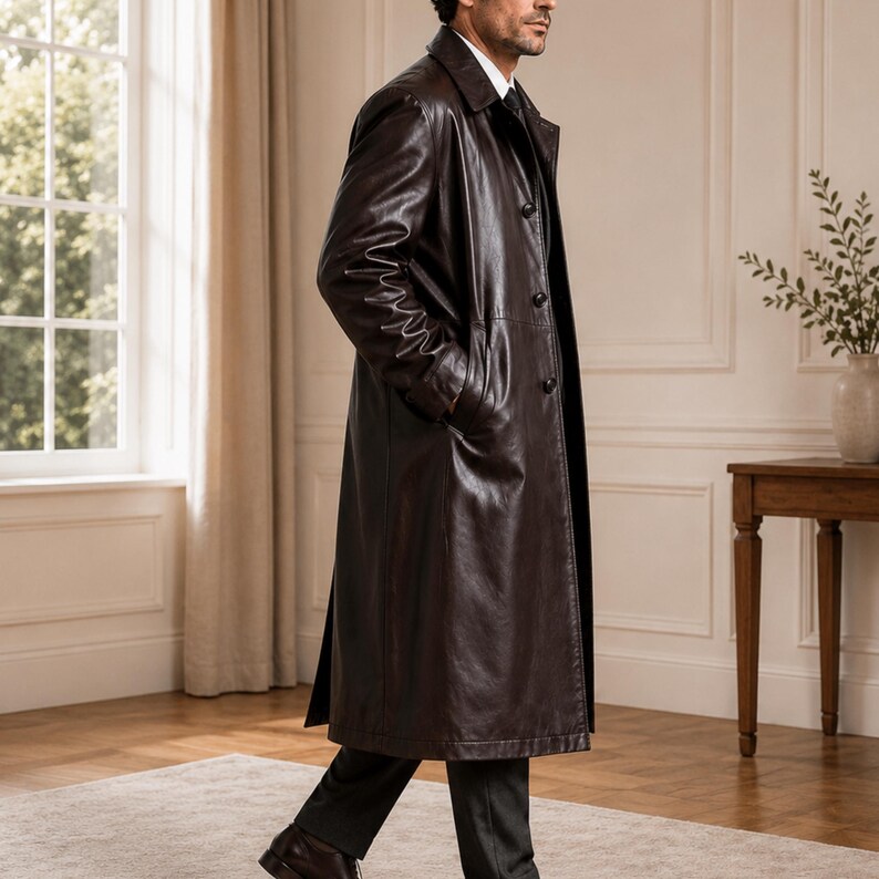 May include: A dark brown leather trench coat featuring a classic collar, long sleeves, and a button-front closure. The coat has a smooth, polished finish and extends to the mid-calf, worn over dark trousers and dark leather shoes.