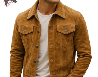Men’s Genuine Suede Trucker Jacket – Classic Brown Vintage Moto Biker Style Handmade Leather Coat