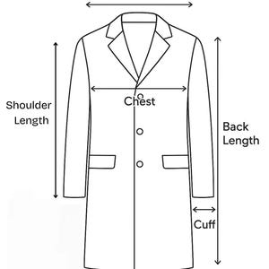 May include: A black and white line drawing of a coat with measurement indicators. Labels include Shoulder Width, Shoulder Length, Chest, Back Length, and Cuff. The coat features a notched lapel, two front buttons, and two flap pockets on the front.