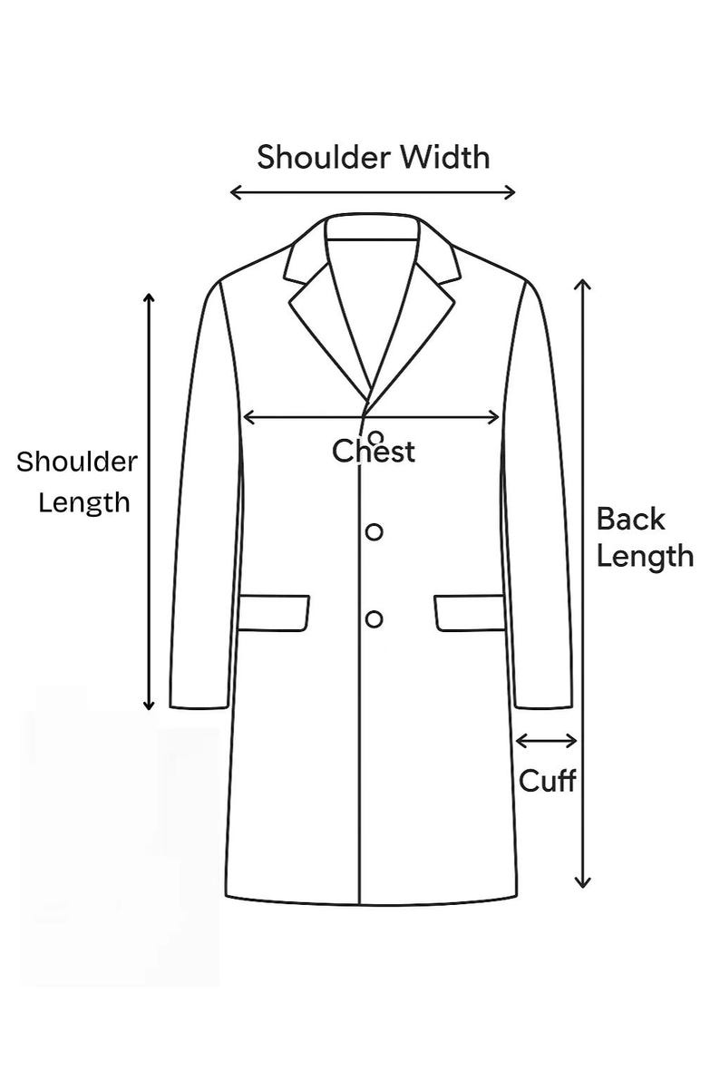May include: A black and white line drawing of a coat with measurement indicators. Labels include Shoulder Width, Shoulder Length, Chest, Back Length, and Cuff. The coat features a notched lapel, two front buttons, and two flap pockets on the front.