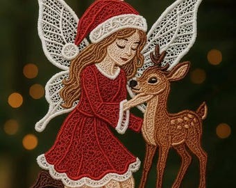 May include: Embroidered Christmas ornament featuring a fairy in a red dress and Santa hat, with white lace wings, interacting with a brown deer. The ornament is suspended by a white string, perfect for holiday decor.