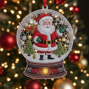 Fristående spetsdekoration med snöglob till jultomten | Julbroderidesign (digital nedladdning)