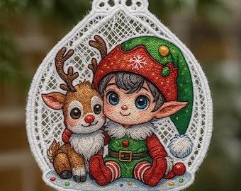 May include: White, lace-like Christmas ornament featuring a cartoon elf and reindeer. The elf wears a green and red outfit with a snowflake on the hat. The reindeer has brown fur and antlers. The ornament hangs from a gold cord.
