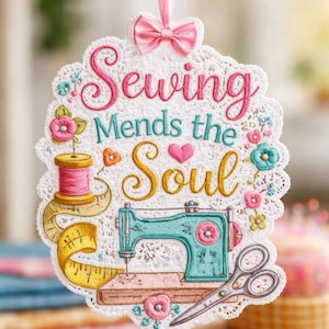 Könnte beinhalten: Gesticktes Wandbild zum Thema Nähen mit dem Text "Sewing Mends the Soul". Es zeigt eine türkisfarbene Nähmaschine, eine rosa Garnrolle, ein gelbes Maßband und eine Schere. Oben befinden sich ein rosa Band und eine Schleife. Das Design ist von einem weißen Spitzensaum umrandet.