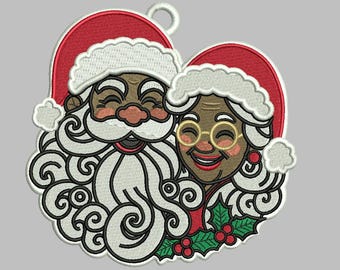 Santa and Mrs Claus FSL Embroidery Design – Christmas Ornament Pattern, Machine Embroidery File