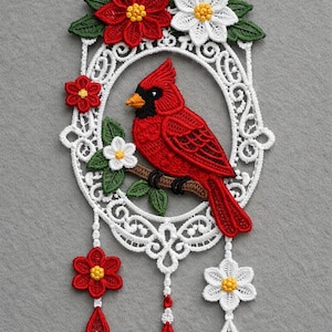 May include: A white lace wall hanging with a red cardinal bird design. The bird is surrounded by red and white flowers with green leaves. The design includes decorative teardrop accents. The piece is handmade.