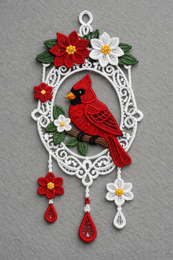 Cardinal Lace Ornament Embroidery Design, Floral FSL Bird Wall Hanging Pattern