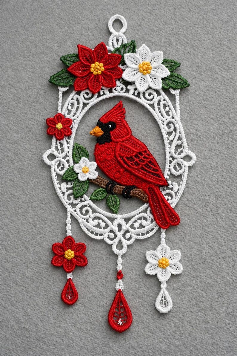 May include: A handcrafted, white lace wall hanging featuring a red cardinal bird perched on a branch. The bird is surrounded by red and white flowers with green leaves. The design includes decorative teardrop accents.