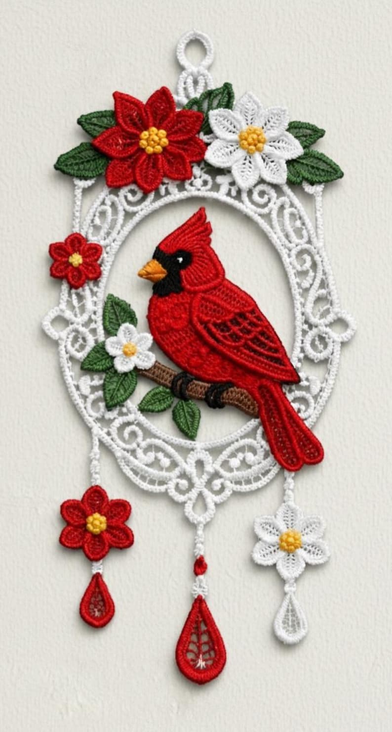 May include: A handcrafted, red cardinal bird perched on a brown branch, surrounded by white lace and red and white flowers. The bird has a black mask and orange beak. The design is framed by a white, ornate oval shape, with hanging red teardrop accents.