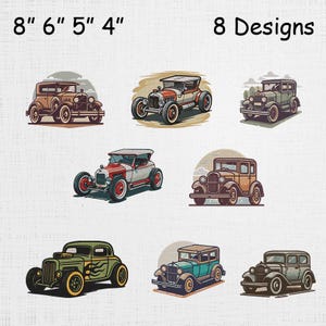 May include: Eight illustrations of classic cars in various colours are shown. The cars include brown, red, green, and teal designs. The text "8 Designs" is at the top right, and "8" "6" "5" "4" are at the top left.