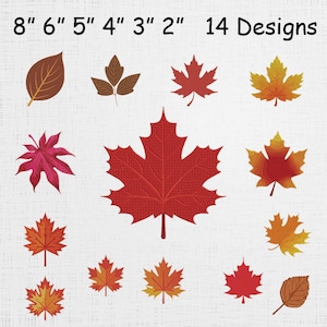 May include: An assortment of 14 leaf designs in various colors, including red, orange, and brown. The leaves range in size from 2 to 8 inches. The text "14 Designs" is displayed at the top.