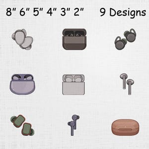 May include: Nine designs of wireless earbuds are displayed. The earbuds come in various colors and styles, including in-ear and over-ear designs. The image also includes text indicating sizes from 2 to 8 inches.