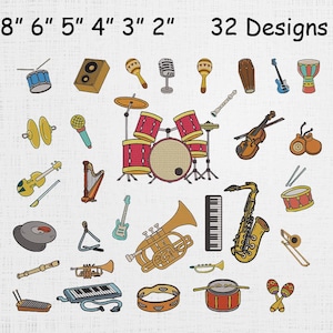 Op de afbeelding: Een verzameling van 32 muziekinstrumentontwerpen, waaronder drums, gitaren, saxofoons, trompetten, violen en microfoons. De tekst 8" 6" 5" 4" 3" 2" en 32 Designs staat bovenaan deze set van kleurrijke, geïllustreerde iconen.