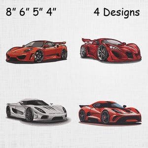 Puede incluir: Se muestran cuatro diseños de coches, con el texto "8" 6" 5" 4" y "4 Designs" en la parte superior. Los coches son rojos y blancos, con ruedas negras. Los diseños son probablemente para bordados o una artesanía similar.