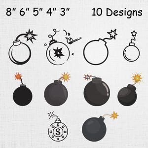 Może przedstawiać: Dziesięć wzorów bomb w czerni i bieli, od 7,6 cm do 20,3 cm. Wzory obejmują bomby w stylu kreskówkowym z zapalonymi lontami i wybuchami gwiazd. Jeden z projektów przedstawia bombę ze znakiem dolara.