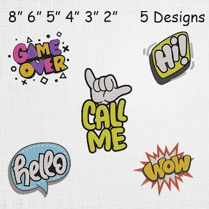 May include: Five embroidered patches with text and graphics. Designs include "GAME OVER" in purple, yellow, and pink, a hand gesture with "CALL ME", a yellow "Hi!" in a speech bubble, a blue speech bubble with "hello", and a "WOW" burst.