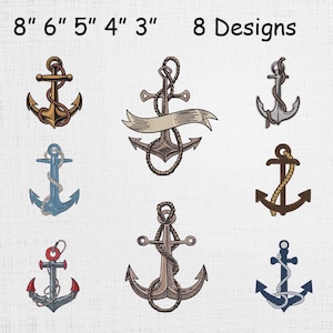Anchor With Rope Embroidery Set - Anchors Icons Machine File - Retro Anchors Pattern - 8 Designs 5 Sizes