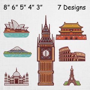 Può includere: Ricami di famosi monumenti, tra cui l'Opera di Sydney, il Big Ben, la Città Proibita, il Monte Fuji, il Colosseo, il Taj Mahal e la Torre Eiffel. Il testo "7 Designs" è visualizzato. I disegni misurano circa 7,6-20,3 cm.