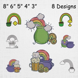 May include: Eight St. Patrick's Day designs featuring rainbows, pots of gold, and shamrocks. The designs include a rainbow over a pot of gold, a rainbow with clouds, and a rainbow with a pot of gold. The designs are 7.6 to 20.3 cm in size.