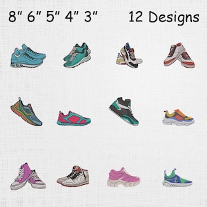 Könnte beinhalten: Illustration von 12 verschiedenen Sneaker-Designs in verschiedenen Farben. Die Turnschuhe sind in drei Reihen zu je vier Stück angeordnet, mit Größen von 7,6 bis 20,3 cm. Der Text "12 Designs" wird oben rechts angezeigt.