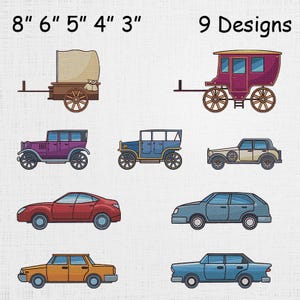May include: Nine designs of vintage vehicles are displayed, including a covered wagon, a horse-drawn carriage, and various antique cars. The image includes the text "8" 6" 5" 4" 3"" and "9 Designs".