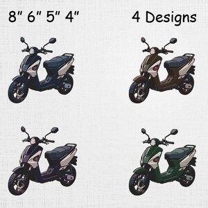 May include: Four scooter designs in navy, brown, purple, and green. Each scooter has a white accent, black tires, and a black seat. The image includes the text "8" 6" 5" 4"" and "4 Designs".