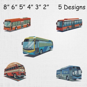 Può includere: Cinque modelli di autobus in vari colori, tra cui rosso, arancione, blu e grigio. Gli autobus sono etichettati con dimensioni da 5 a 20 cm. È presente anche il testo "5 Designs".