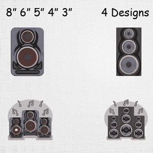 Puede incluir: Se muestran cuatro diseños de altavoces. El altavoz superior izquierdo mide 20 cm de alto. El altavoz superior derecho mide 25 cm de alto. Los dos diseños inferiores incluyen notas musicales. Los altavoces son grises, negros y marrones.