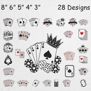 May include: A digital collection of 28 playing card and casino-themed designs featuring various arrangements of cards, dice, and crowns. The text 8" 6" 5" 4" 3" and 28 Designs is visible at the top. The graphics are rendered in black, white, and red.