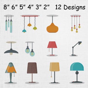 May include: An illustration of 12 different lamp designs, including pendant lights, table lamps, and a desk lamp. The lamps are in various colors, such as orange, red, blue, and yellow. The text "8" 6" 5" 4" 3" 2" 12 Designs" is at the top.