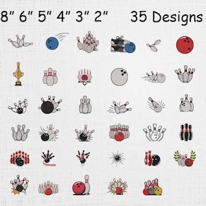 May include: A collection of 35 bowling-themed designs. The designs include bowling balls, pins, shoes, and trophies. The text "35 Designs" is displayed at the top. Measurements are shown in inches.
