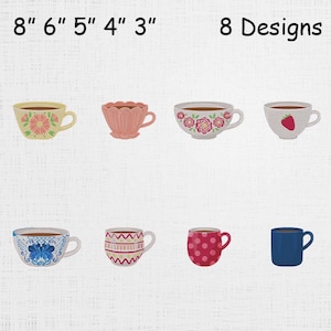 Puede incluir: Se muestran ocho diseños de tazas de té, cada una llena de un líquido oscuro. Las tazas varían en color y patrón, incluyendo diseños florales, de lunares y geométricos. Tamaños de 7.6 a 20.3 cm. El texto "8 Designs" está en la parte superior.