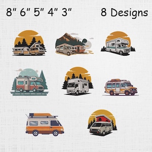 Może przedstawiać: Wyświetlono osiem różnych wzorów kamperów, każdy na tle zachodu słońca. Projekty różnią się stylem i kolorem, w rozmiarach od 7,6 cm do 20,3 cm. Widoczny jest tekst "8 Designs".