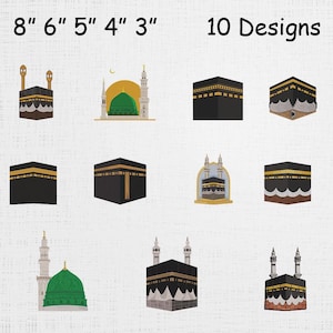 Puede incluir: Una imagen con diez diseños diferentes de edificios religiosos, incluyendo la Kaaba y mezquitas. Los diseños son de varios colores, incluyendo negro, dorado, verde y blanco. El texto "8" 6" 5" 4" 3"" y "10 Designs" está en la parte superior.