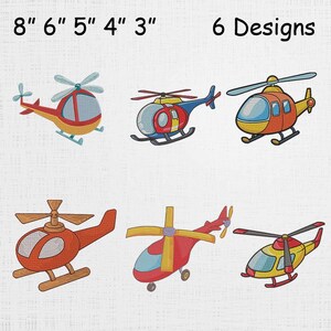 May include: Six colorful helicopter designs in red, yellow, blue, and orange. The image includes the text "8" 6" 5" 4" 3"" and "6 Designs". Each helicopter has a unique design, with different rotor and body styles.