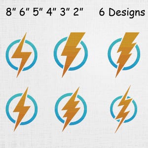 May include: Six designs featuring a gold lightning bolt inside a blue circle. The sizes are listed as 8", 6", 5", 4", 3", and 2". The lightning bolts have a textured appearance, and the background is a light, textured fabric.
