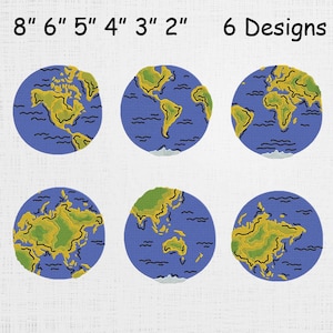 Pode incluir: Seis desenhos de globos bordados em azul, verde e amarelo. Os desenhos têm formato circular, com o texto "8" 6" 5" 4" 3" 2"" e "6 Designs" no topo. Os globos mostram os continentes.