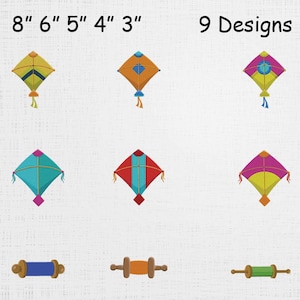 May include: Nine colorful kite designs, each with a unique pattern and color scheme. The kites are in various shapes and sizes, with measurements ranging from 3 to 8 inches. The image also includes a selection of rolling pin designs.