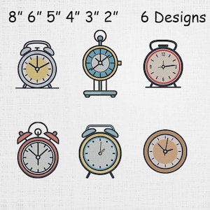 Puede incluir: Se muestran seis diseños de relojes, cada uno con un estilo y esquema de color diferente. Los relojes varían en tamaño de 5 a 20 cm. El texto "6 Designs" es visible en la parte superior derecha.