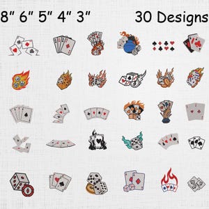 May include: A collection of 30 designs featuring playing cards and dice. The designs include various card hands, dice with flames, and card suits. The image includes measurements in inches.