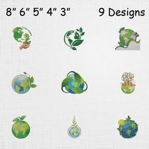 May include: Nine different designs featuring the Earth with green leaves and other nature-themed elements. The designs are in a variety of styles, with the text "8" 6" 5" 4" 3"" and "9 Designs" at the top.