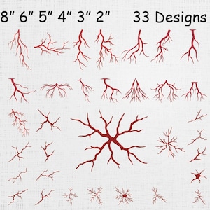 Può includere: Una collezione di 33 motivi a forma di fulmine e crepe rossi disposti in una griglia. Il testo 8" 6" 5" 4" 3" 2" e 33 Designs è stampato in alto. Queste illustrazioni grafiche presentano varie forme ramificate e linee frastagliate.