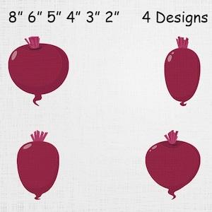 Puede incluir: Cuatro diseños bordados de remolacha de varias formas y tamaños, que van de 5 a 20 cm. Cada remolacha es de color rojo intenso con un tallo verde. El texto "4 Designs" se muestra encima de los diseños.