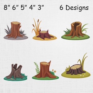 Op de afbeelding: Zes geborduurde boomstronk ontwerpen worden getoond, variërend van 7,6 tot 20,3 cm groot. Elke stronk heeft een unieke vorm en kleur, met details zoals gras en planten. De tekst "6 Designs" staat bovenaan.
